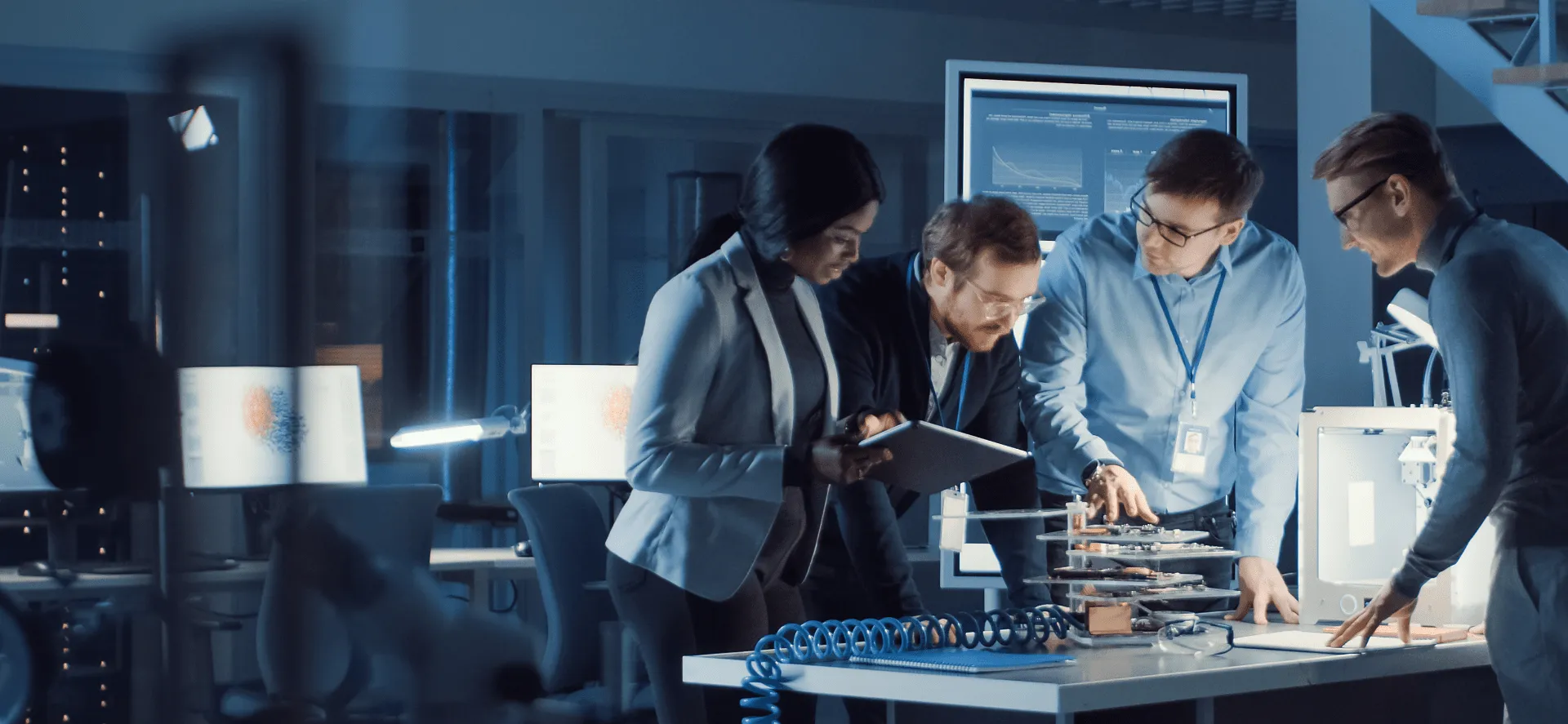 Technicians in a lab testing smart utility devices, representing LYNKED’s innovation in submetering and automation