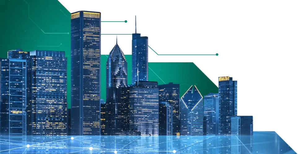 City skyline of illuminated buildings symbolizing innovation and smart infrastructure