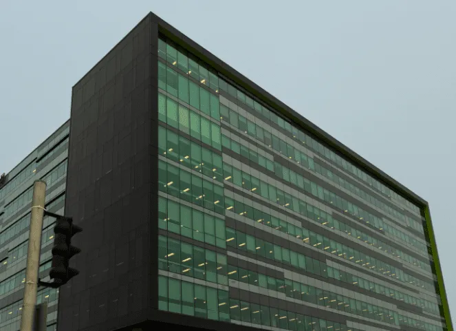 Modern energy-efficient commercial building representing smart HVAC and demand response systems